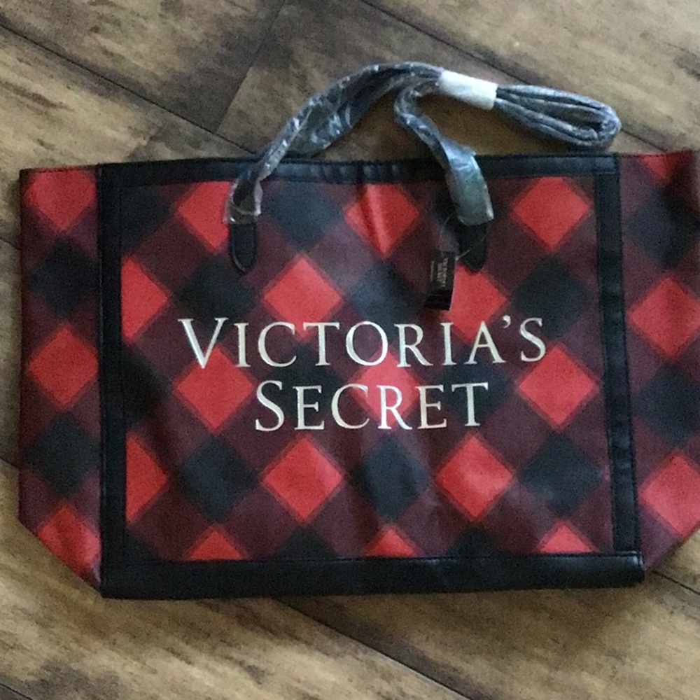 Victoria’s Secret plastic plaid tote. With silver logo